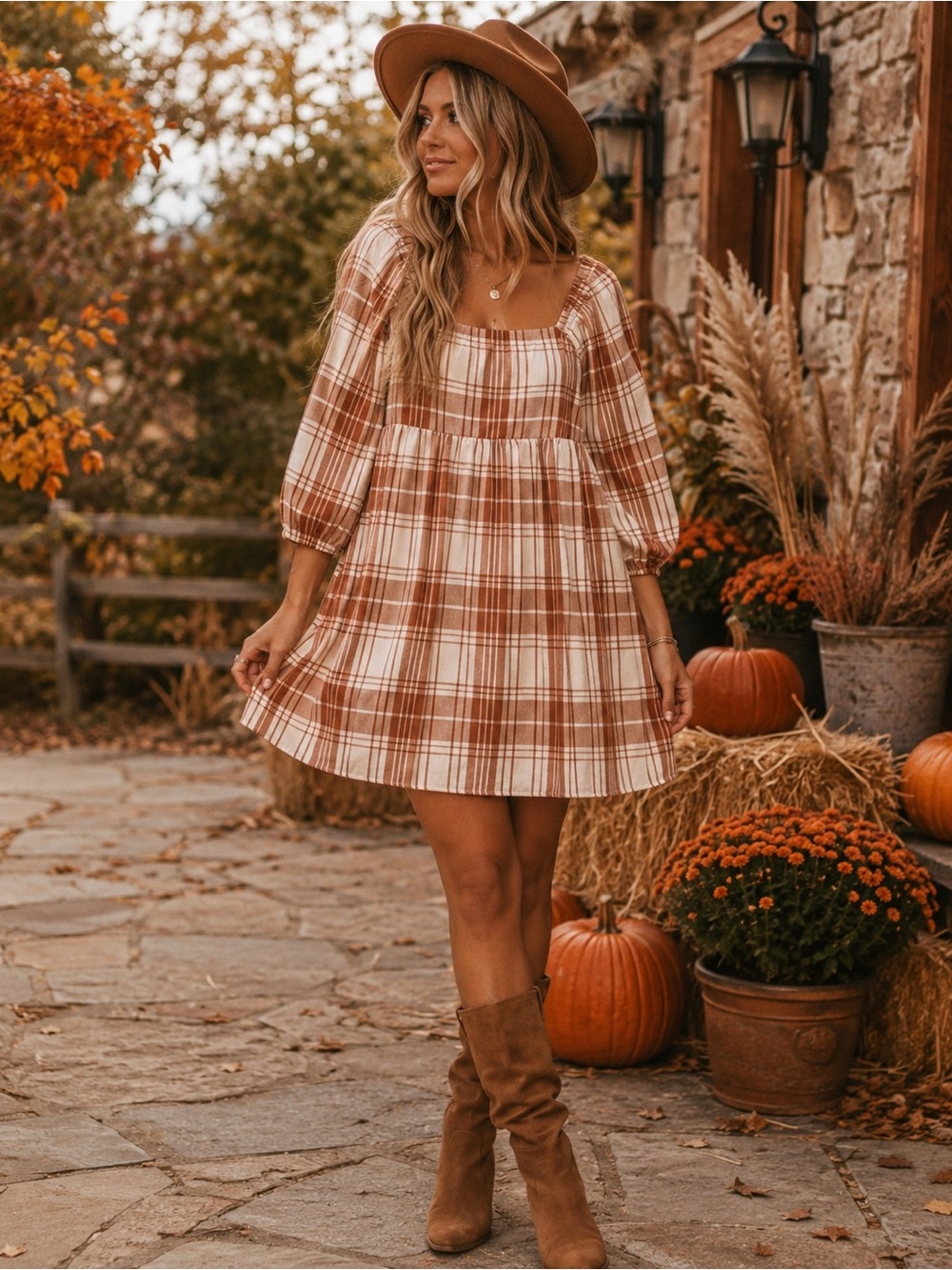 Monteau Los Angeles Plaid Babydoll Mini Dress Size L Brown Cream Puff Sleeve